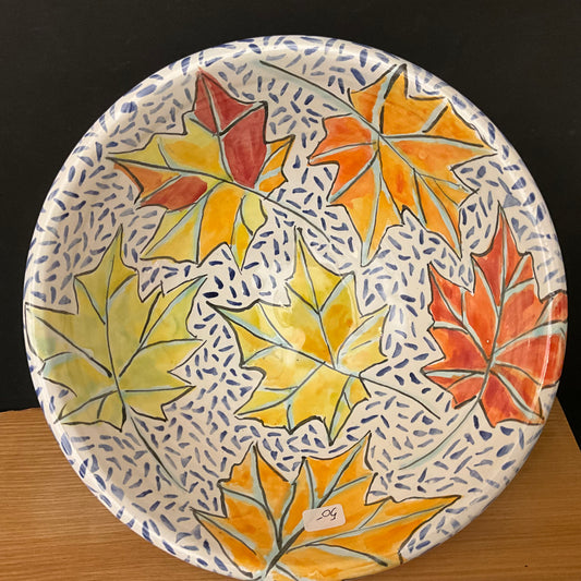 Large White Bowl with Autumn Leaves and Blue “Flecks”