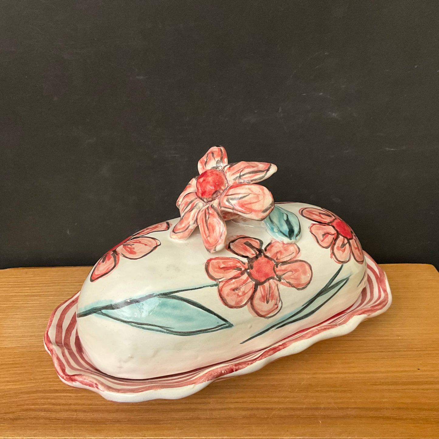Oval Fluted Butter Dish with Pink Flowers