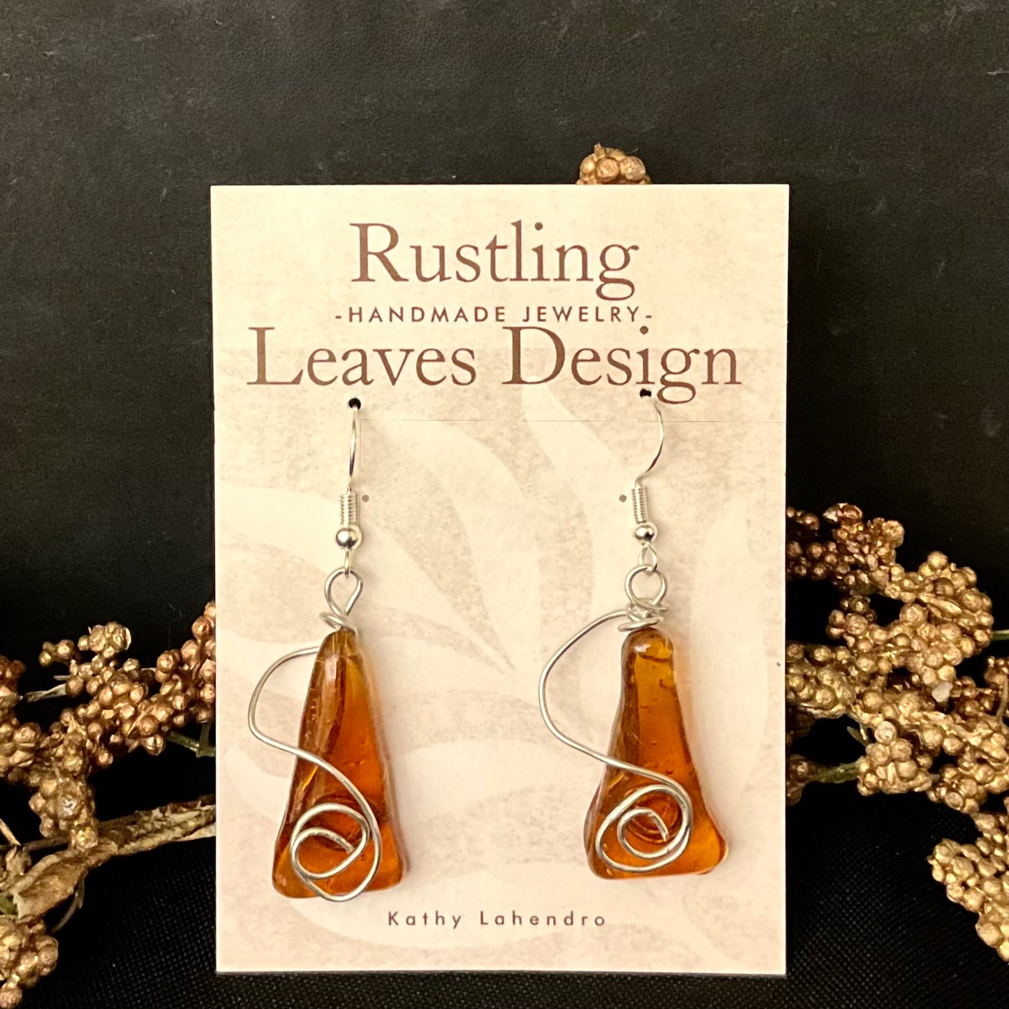 Amber Colored Triangle Fused Glass Earrings with Wire Wraps
