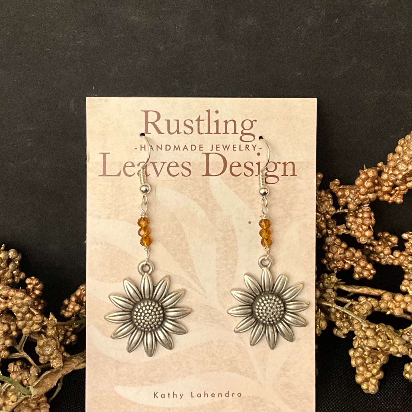 Pewter Sunflower Earrings with Triple Beads