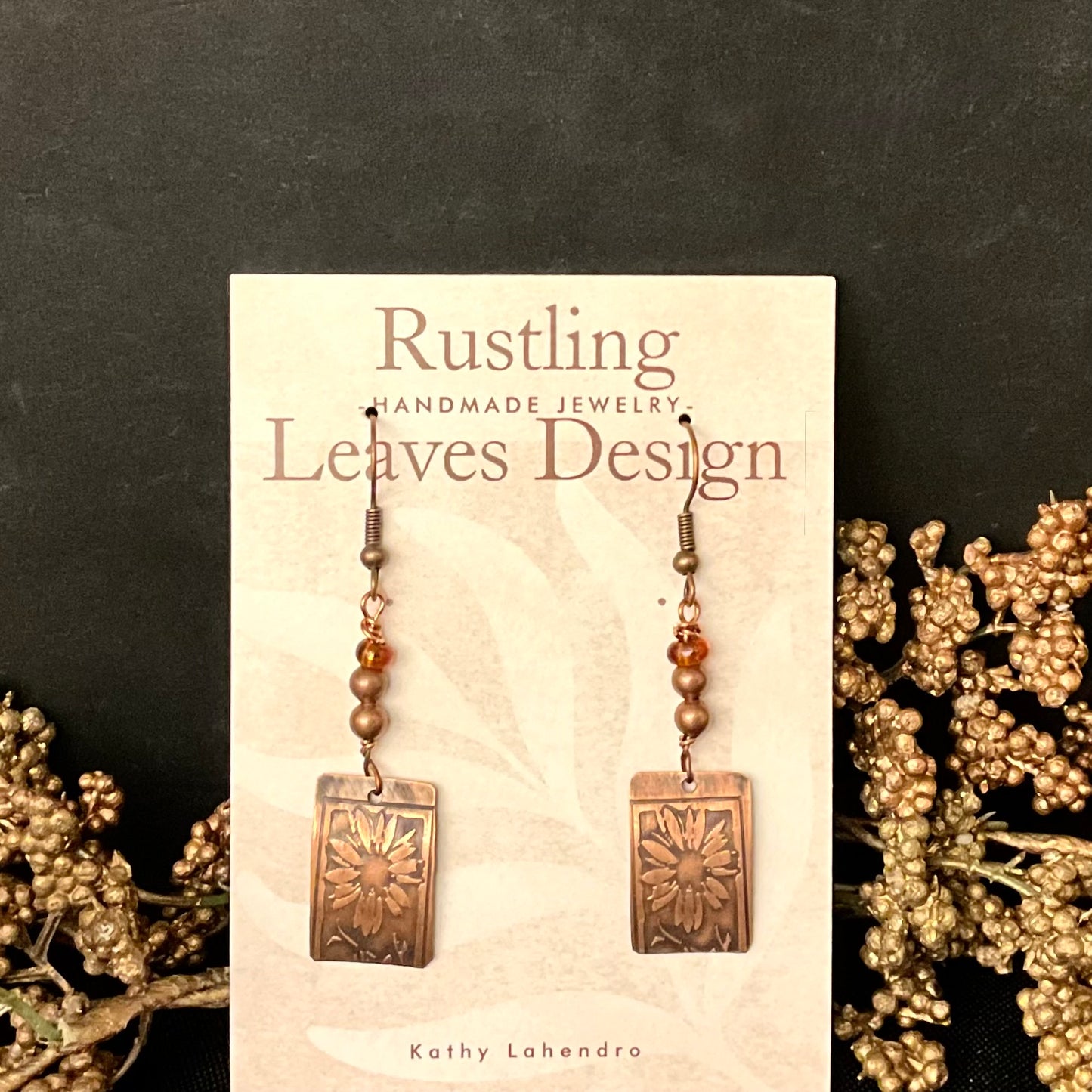 Copper Sunflower Rectangle Earrings