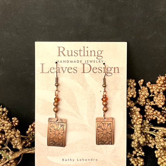 Copper Sunflower Rectangle Earrings