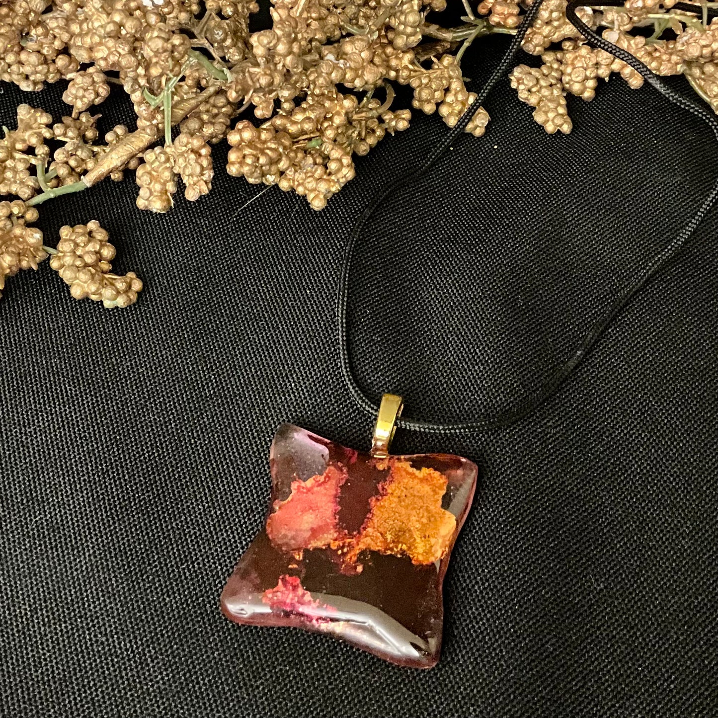 Square Fused Glass Pendant in Deep Red with Alcohol Ink Design