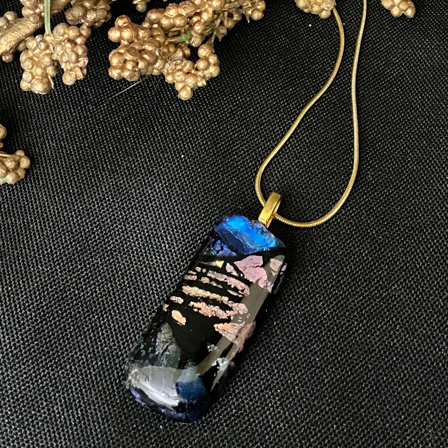 Rectangular Fused Glass Pendant in Blue, Silver & Lavender
