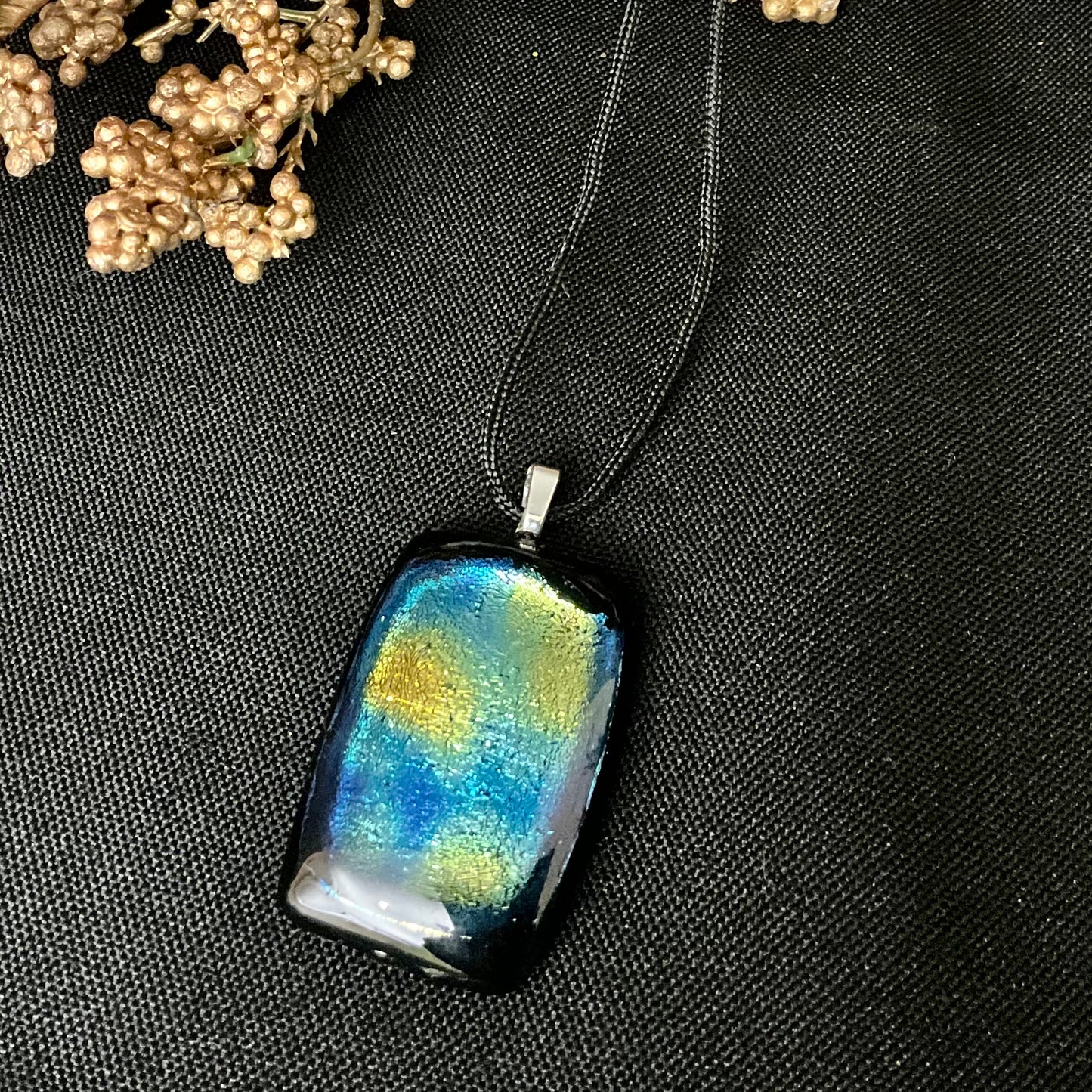 Large Rectangle Fused Glass Pendant in Blues & Gold on Black