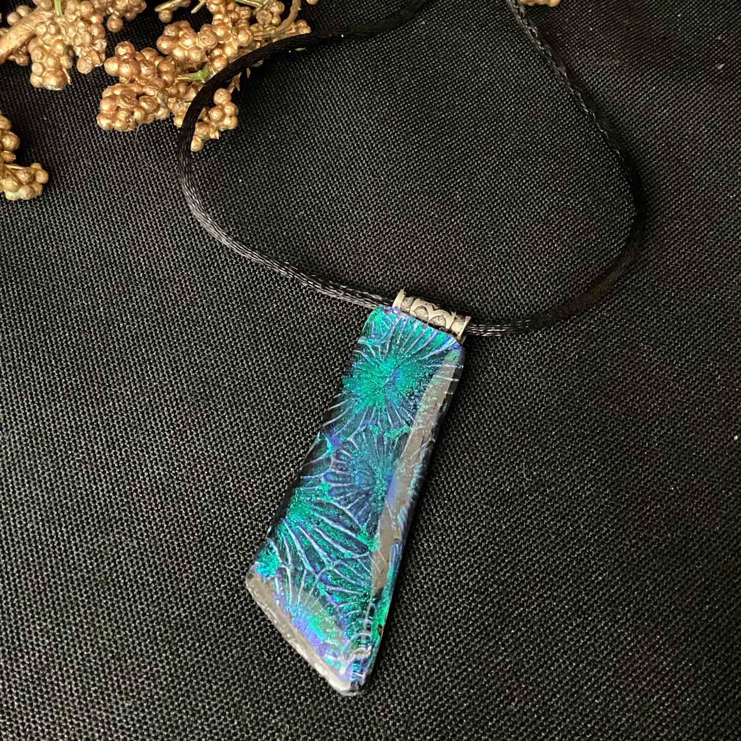 Asymmetrical Long Fused Glass Pendant “Starburst“ Patterns in Blues