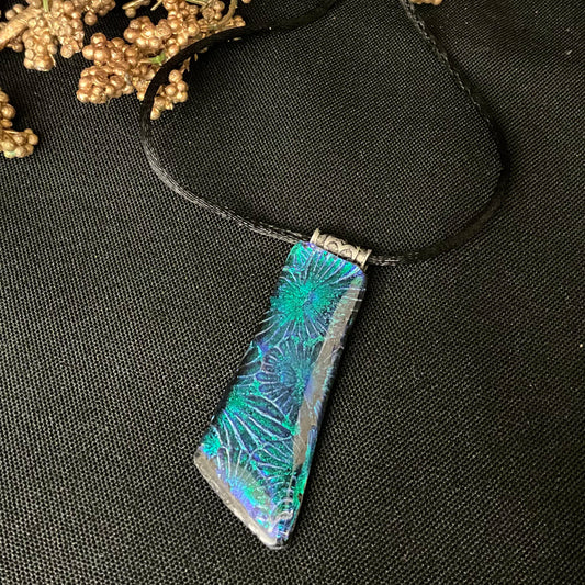 Asymmetrical Long Fused Glass Pendant “Starburst“ Patterns in Blues