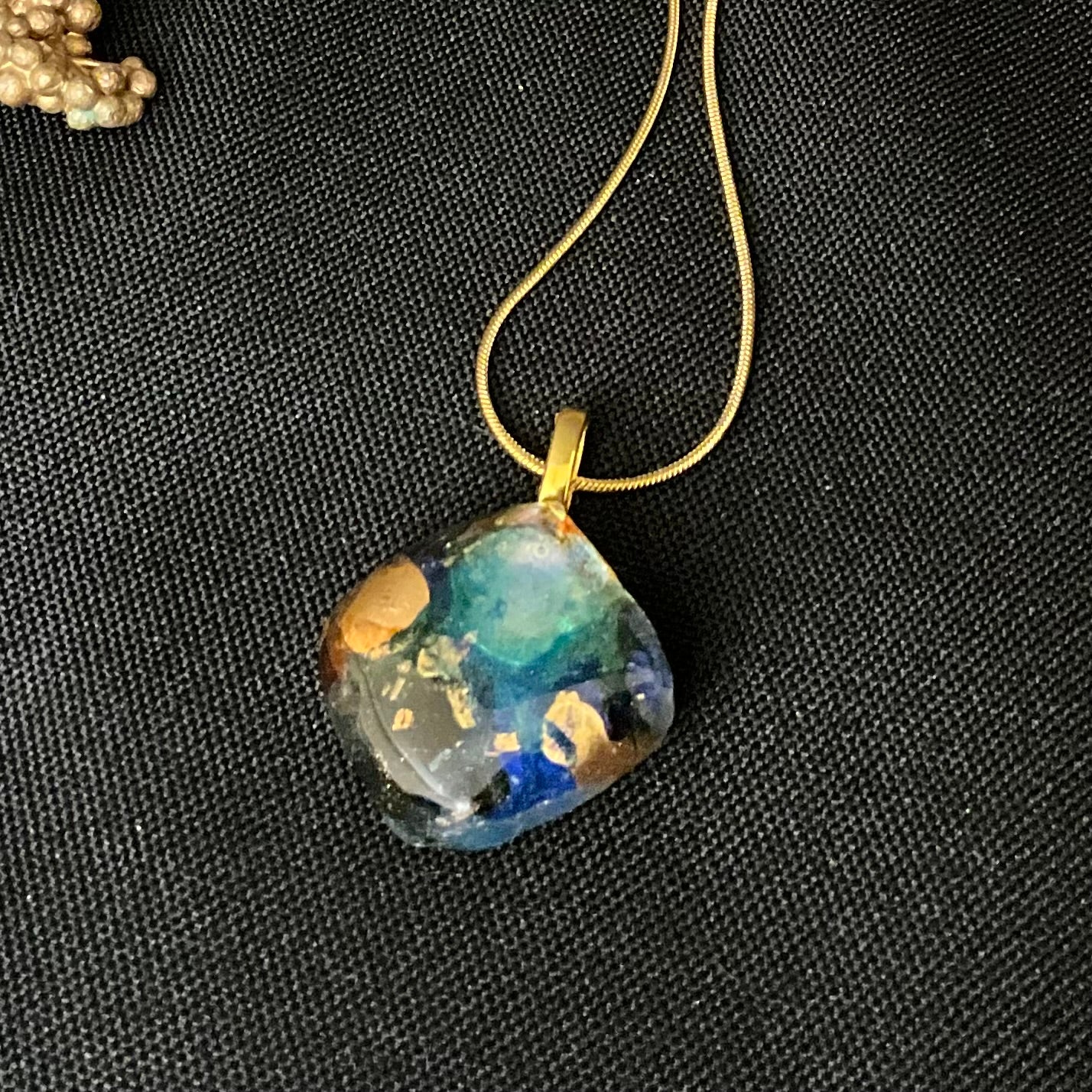 Fused Glass Diamond Shaped Pendant in Blues and Gold