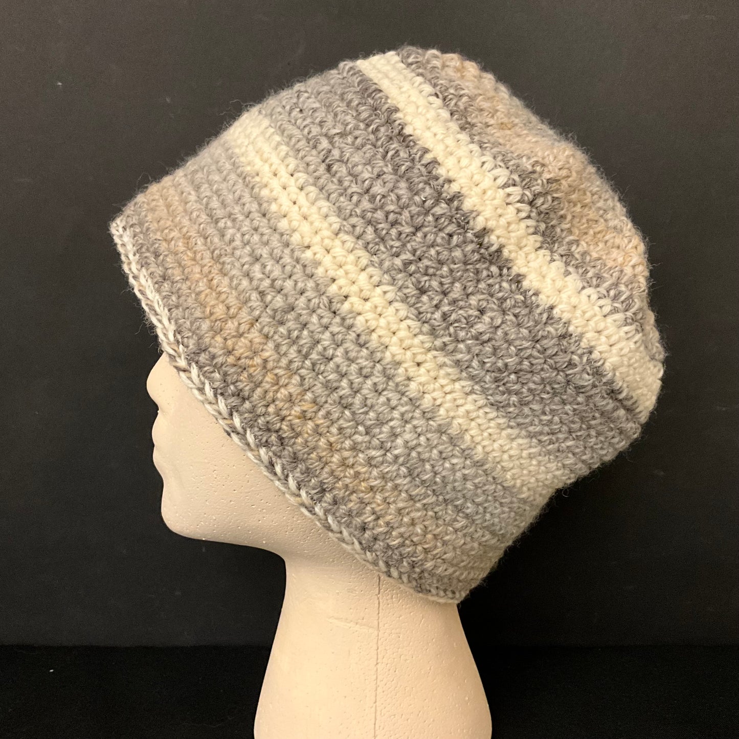 Hand Crocheted Hat in Fine Yarn in Pale Grays, Beige, and White