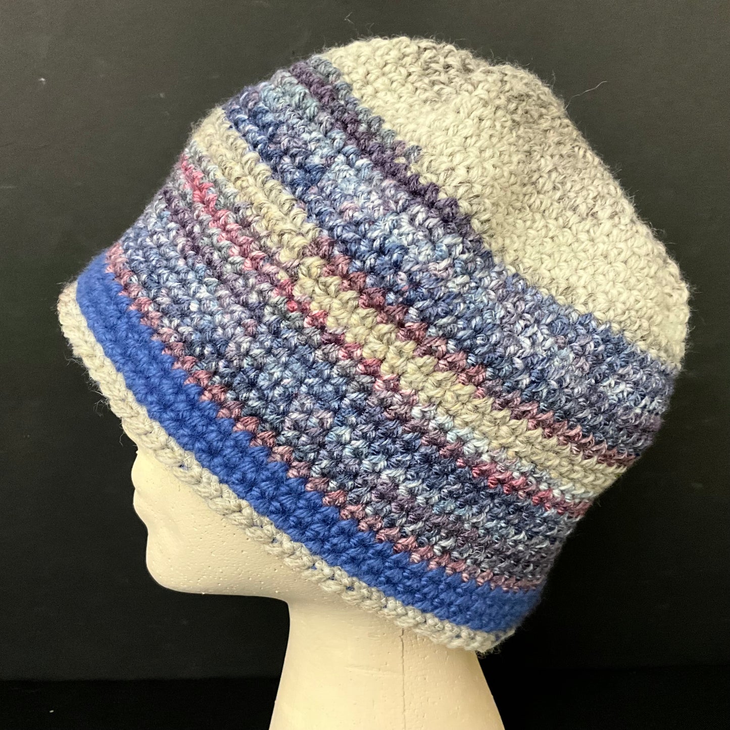 Hand Crocheted Hat in Fine Yarn in Grays, Purples & Cornflower Blue