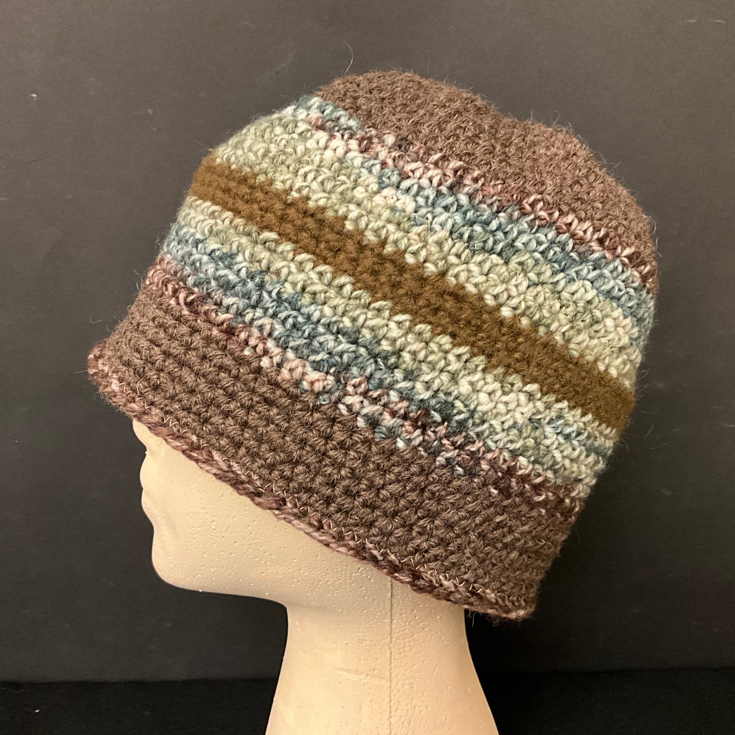 Hand Crocheted Hat in Fine Yarn in Cocoa, Seafoam, Blue & White