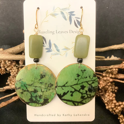 Green Branches Circle Earrings with Jade Beads