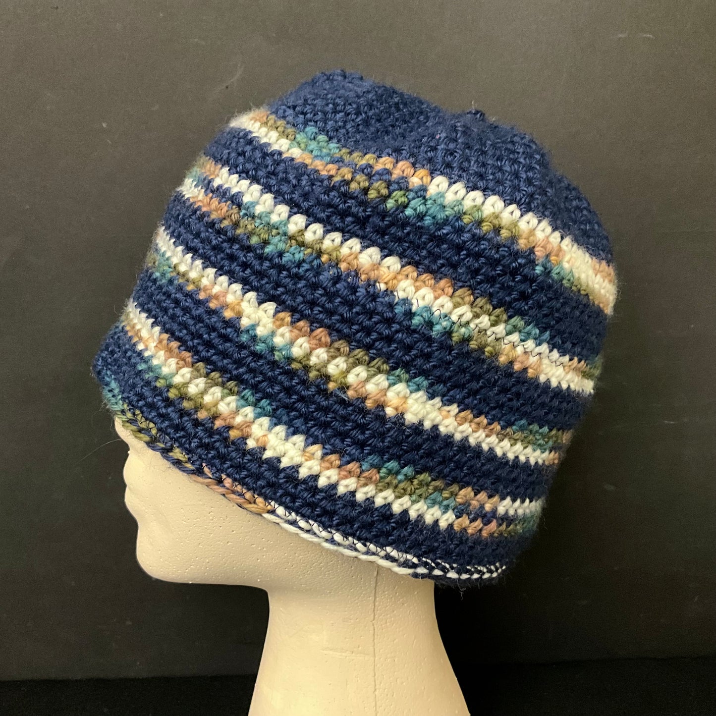 Hand Crocheted Hat in Fine Yarn in Dark Blue, Teal, Gold & White