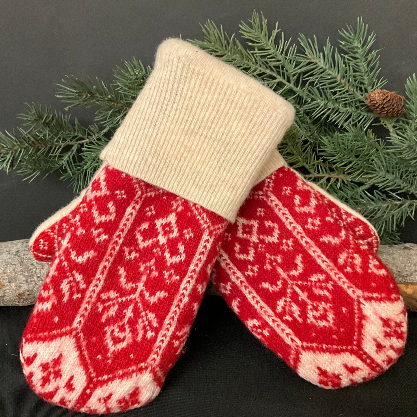 “Upcycled" Wool Sweater Mittens in Deep Red & Cream Nordic Pattern