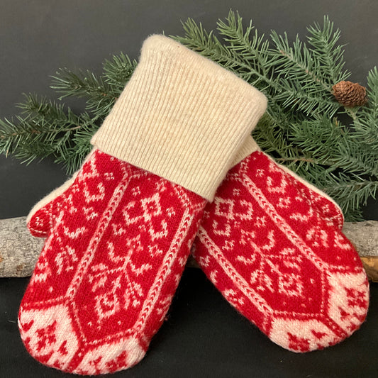 “Upcycled" Wool Sweater Mittens in Deep Red & Cream Nordic Pattern