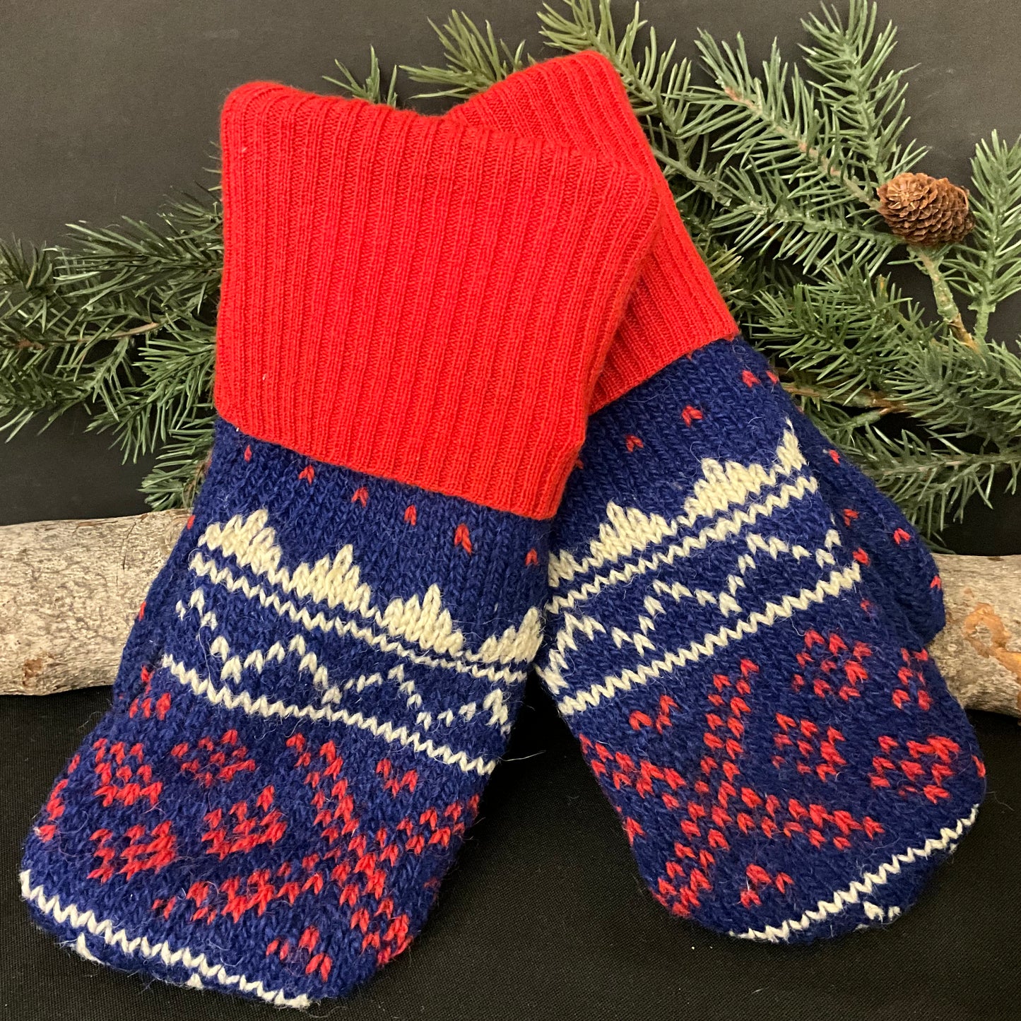 “Upcycled" Sweater Mittens Navy, Red & White Icelandic Pattern