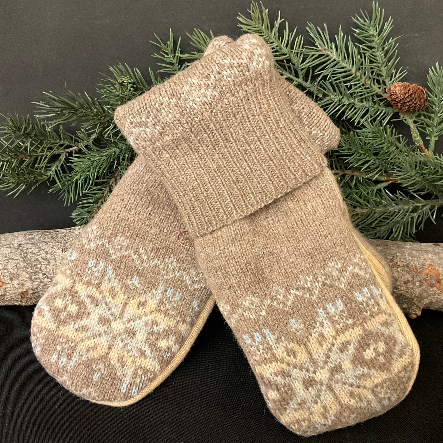 “Upcycled" Sweater Mittens Pale Brown, Blue & Beige Snowflake Pattern