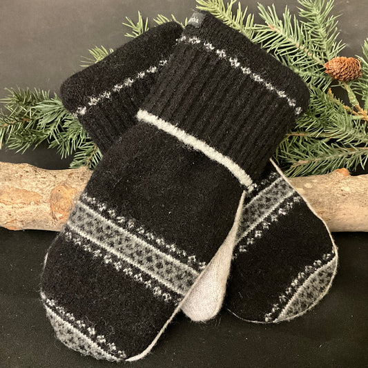 “Upcycled" Sweater Mittens Black with Design in Grays