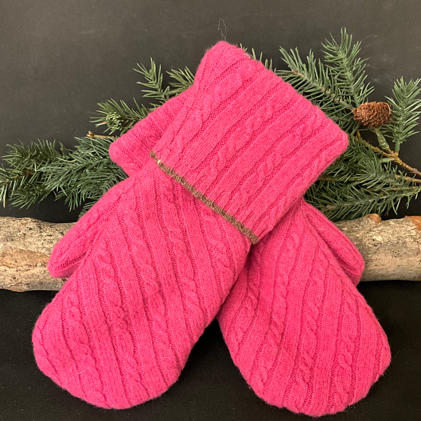 “Upcycled" Wool Sweater Mittens Raspberry Pink Cable Knit Pattern