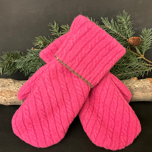 “Upcycled" Wool Sweater Mittens Raspberry Pink Cable Knit Pattern
