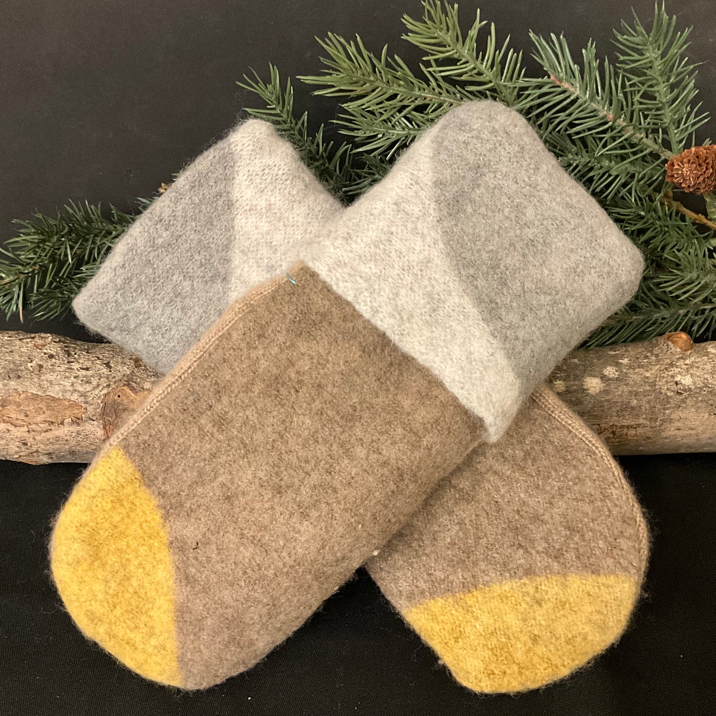 “Upcycled" Sweater Mittens Soft Grays, Light Brown and Yellow