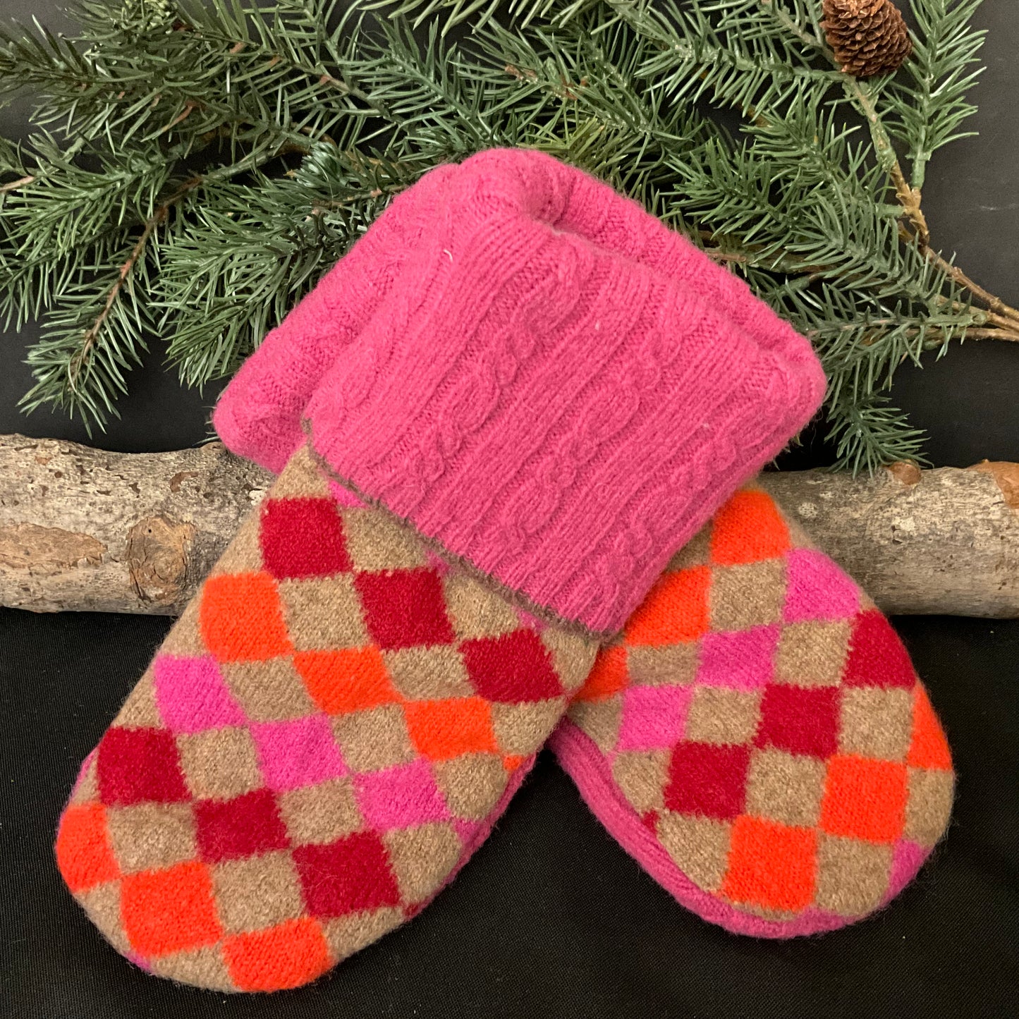 “Upcycled" Wool Sweater Mittens “Harlequin” Design in Pink, Orange and Red