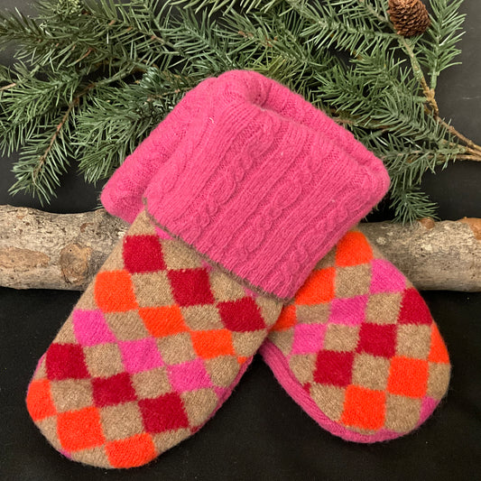 “Upcycled" Wool Sweater Mittens “Harlequin” Design in Pink, Orange and Red