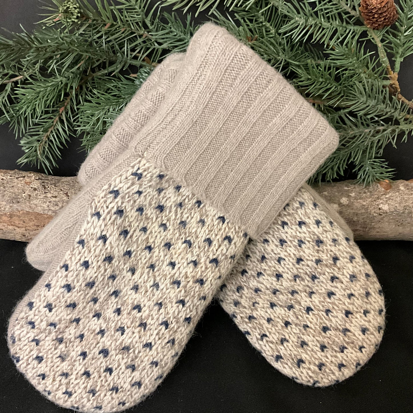 “Upcycled" Wool Sweater Mittens in Gray Heather with Navy “Chevron” Pattern