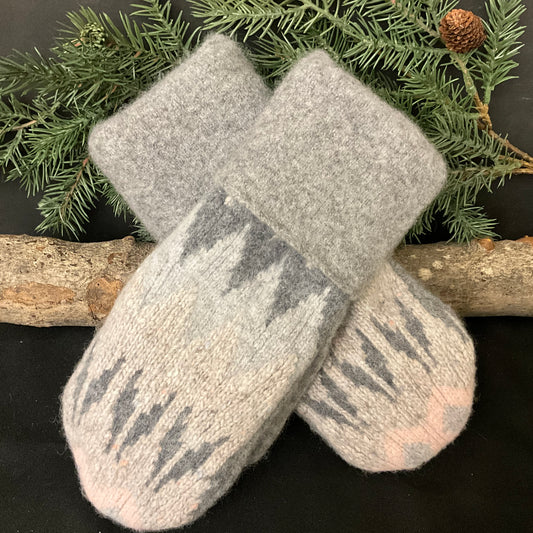 “Upcycled" Wool Sweater Mittens in Pale Grays with a Hint of Pink