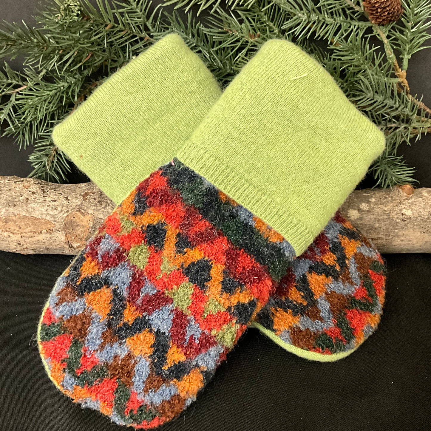 “Upcycled" Sweater Mittens Chevron Design in Earth Tones, Apple Green Cuff