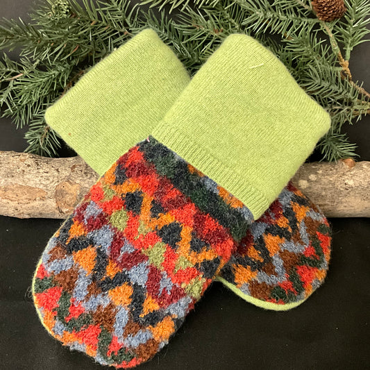 “Upcycled" Sweater Mittens Chevron Design in Earth Tones, Apple Green Cuff