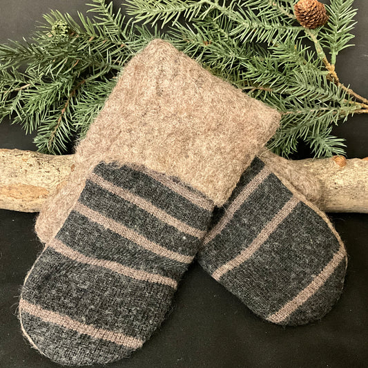 “Upcycled" Wool Sweater Mittens Charcoal & Pale Brown