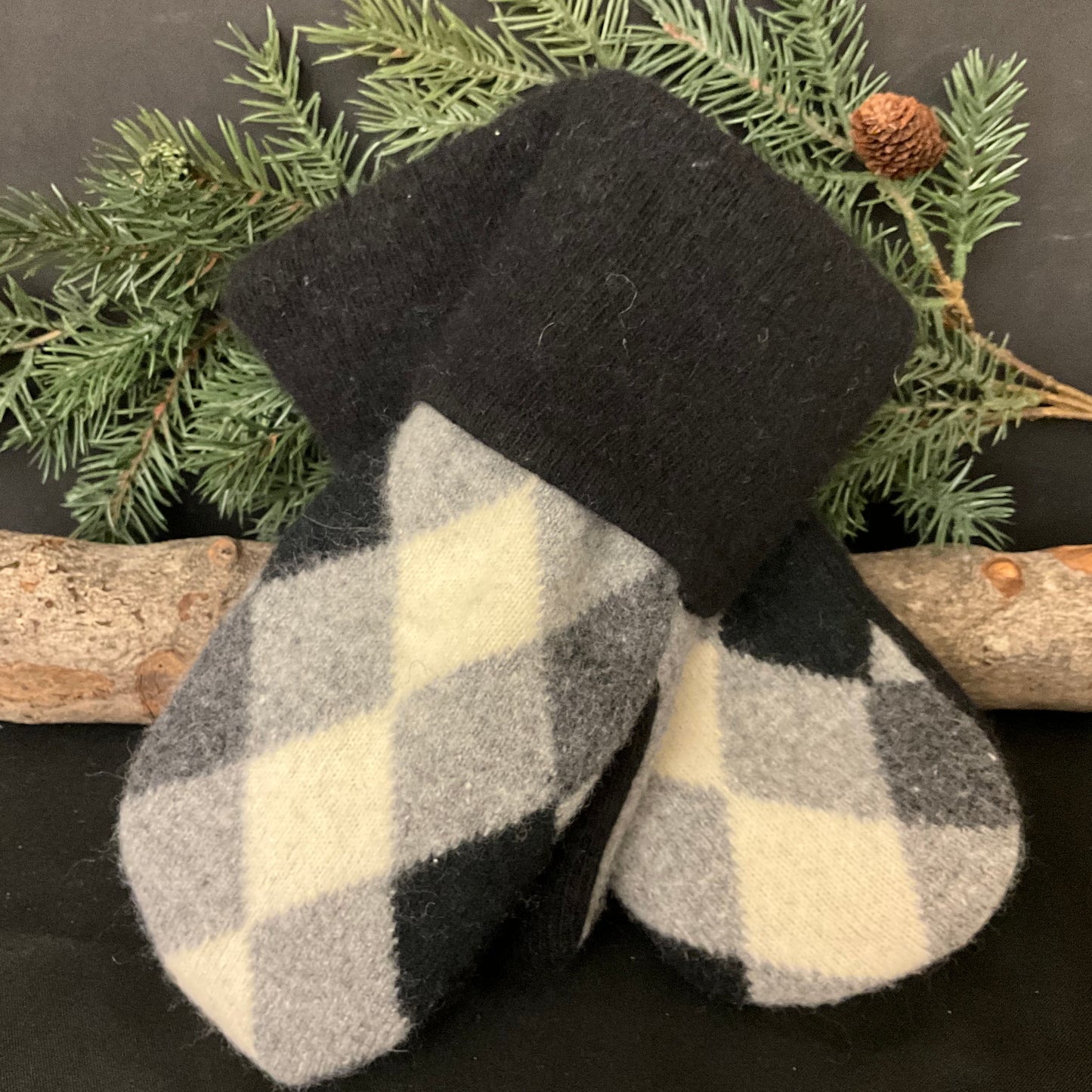 “Upcycled" Wool Sweater Mittens Black, White & Gray Argyle