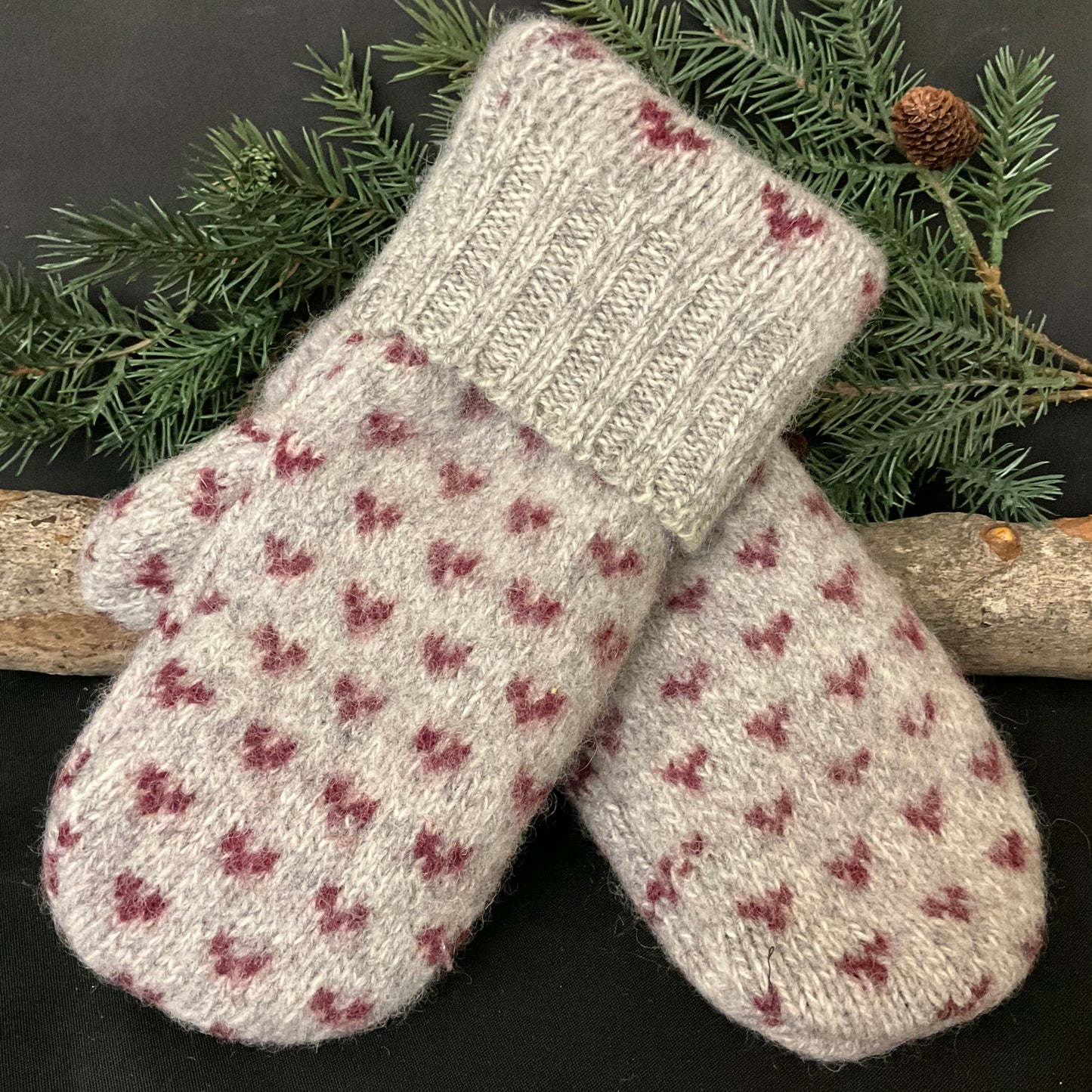 “Upcycled" Wool Sweater Mittens in Gray Heather with Burgundy Details