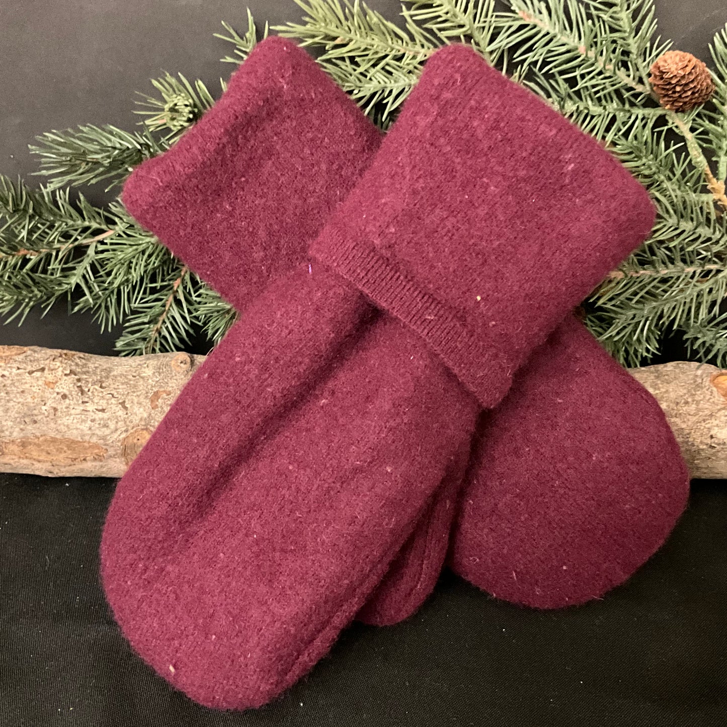 “Upcycled" Wool Sweater Mittens in Plum Cashmere
