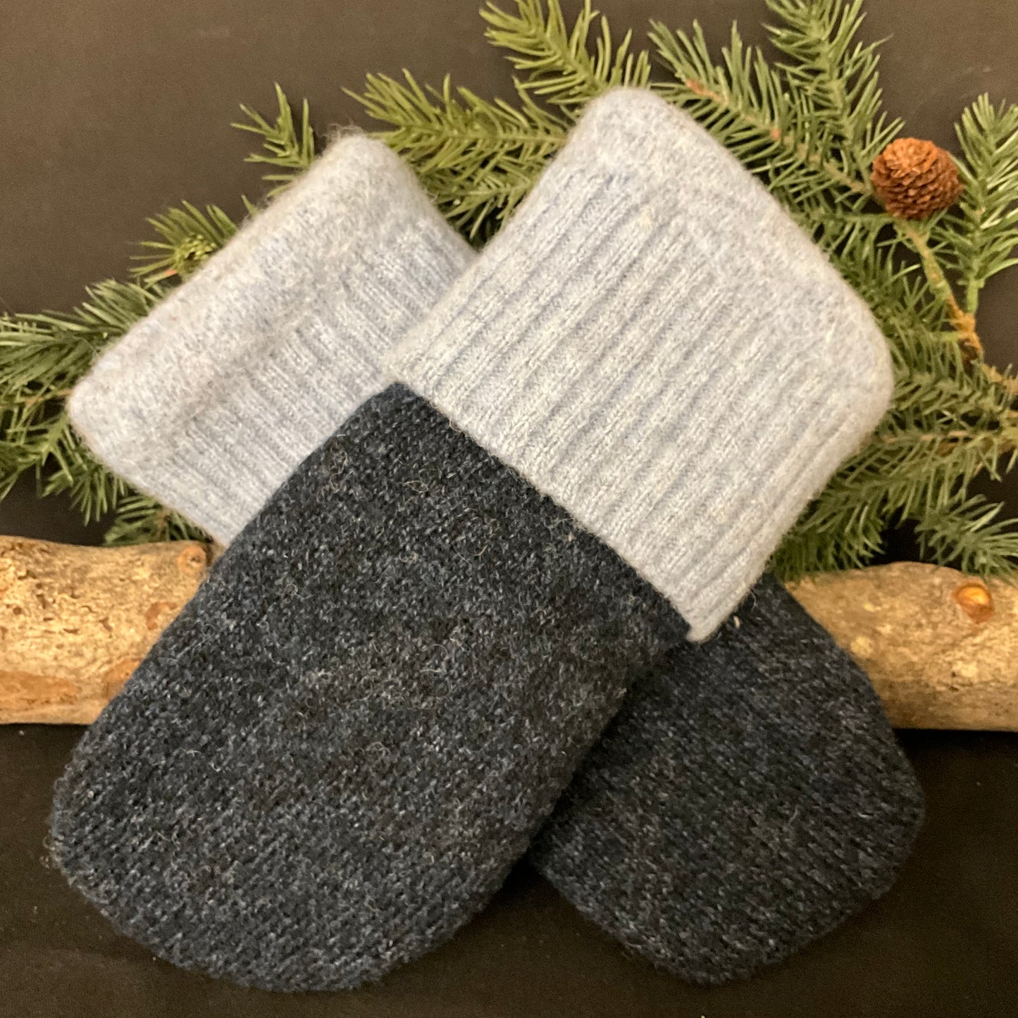 “Upcycled" Wool Sweater Mittens in Dark & Light Blue Heather