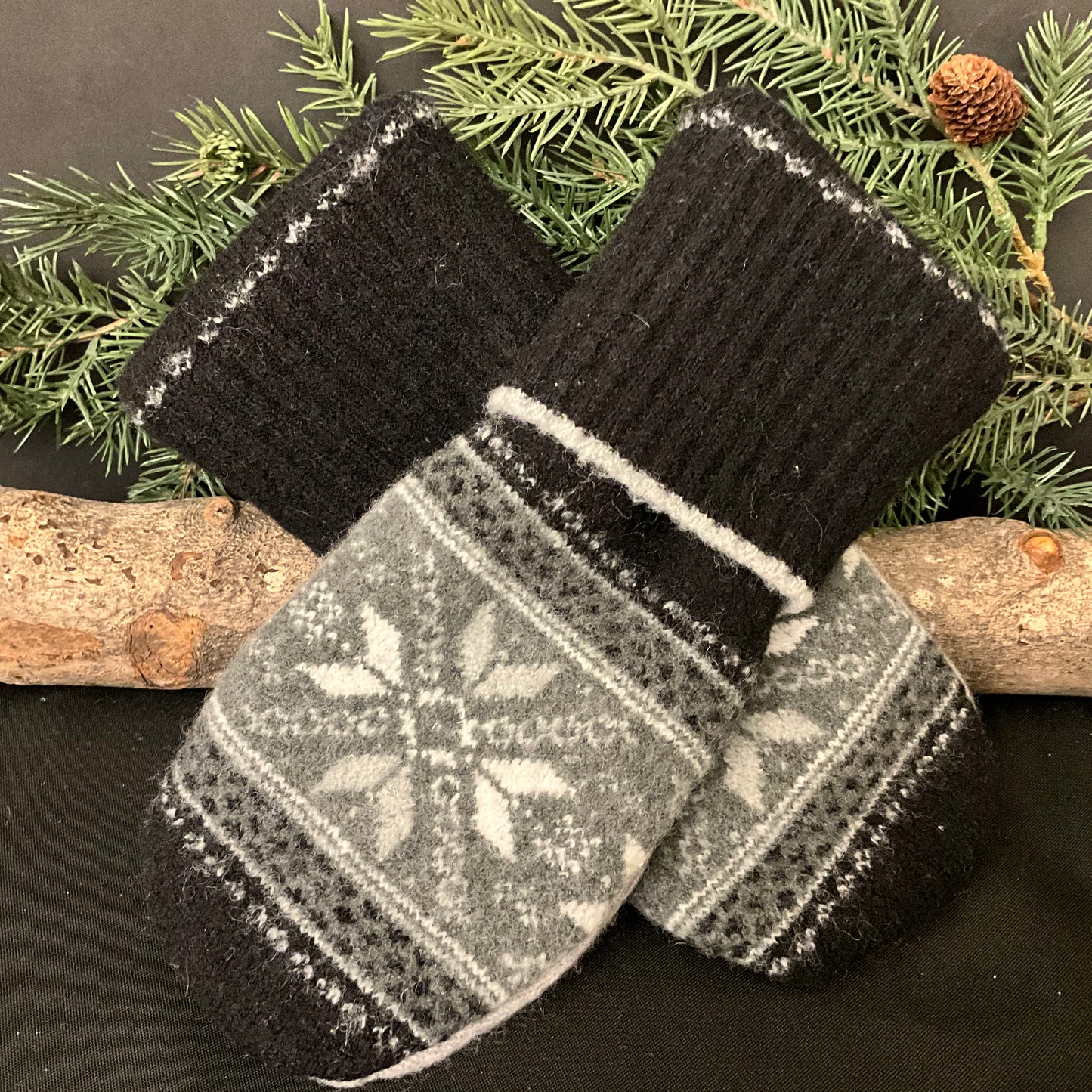 “Upcycled" Wool Sweater Mittens in Black & Gray Nordic Pattern