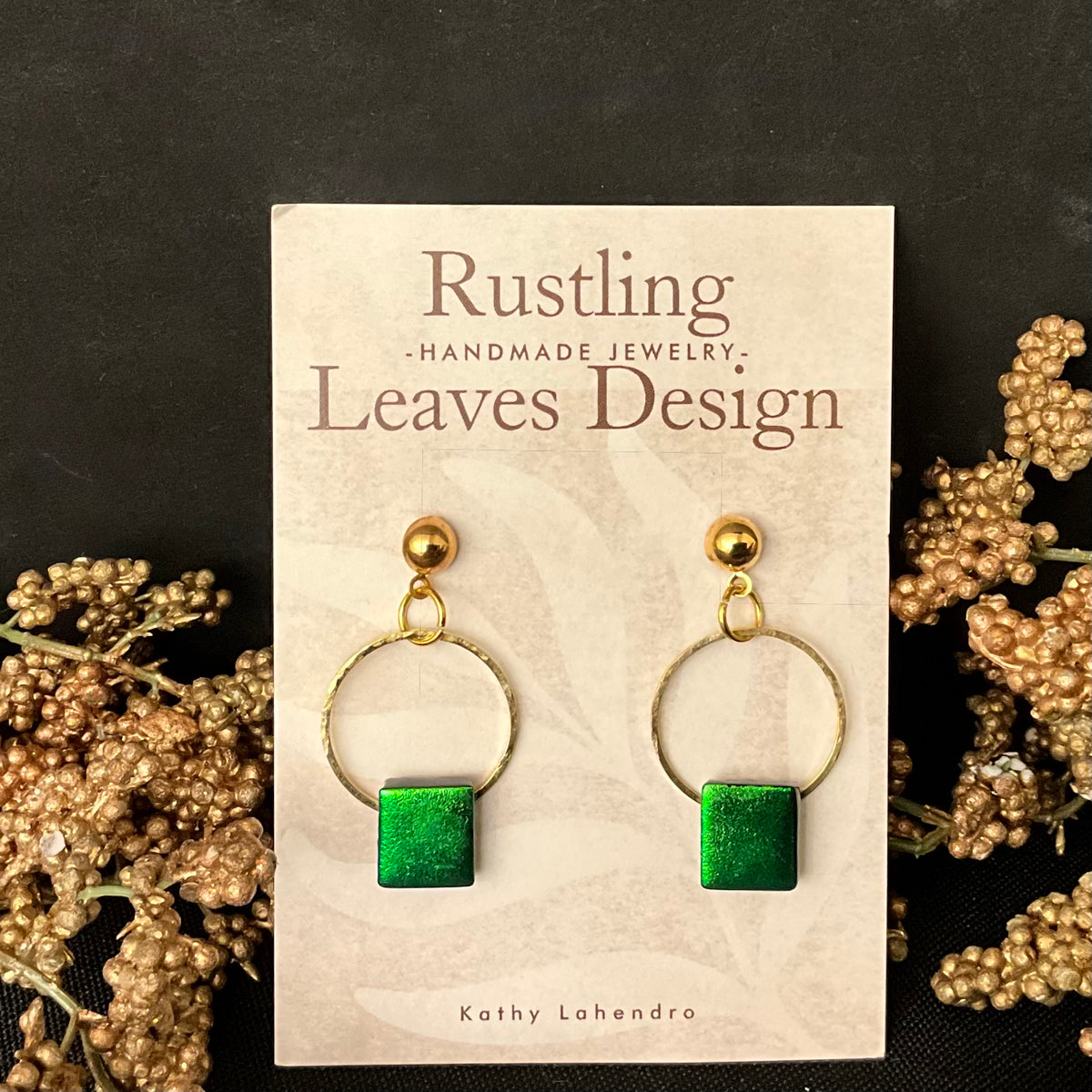 Fused Glass Earrings in Iridescent Beetle Green