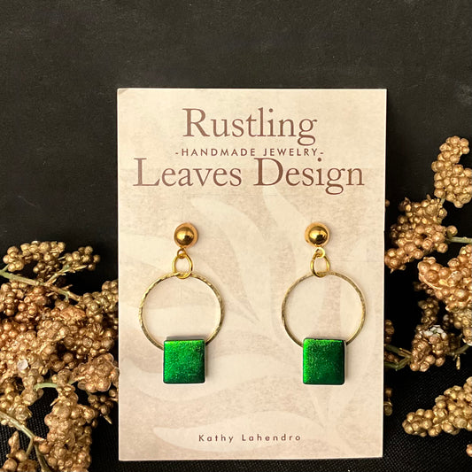 Fused Glass Earrings in Iridescent Beetle Green