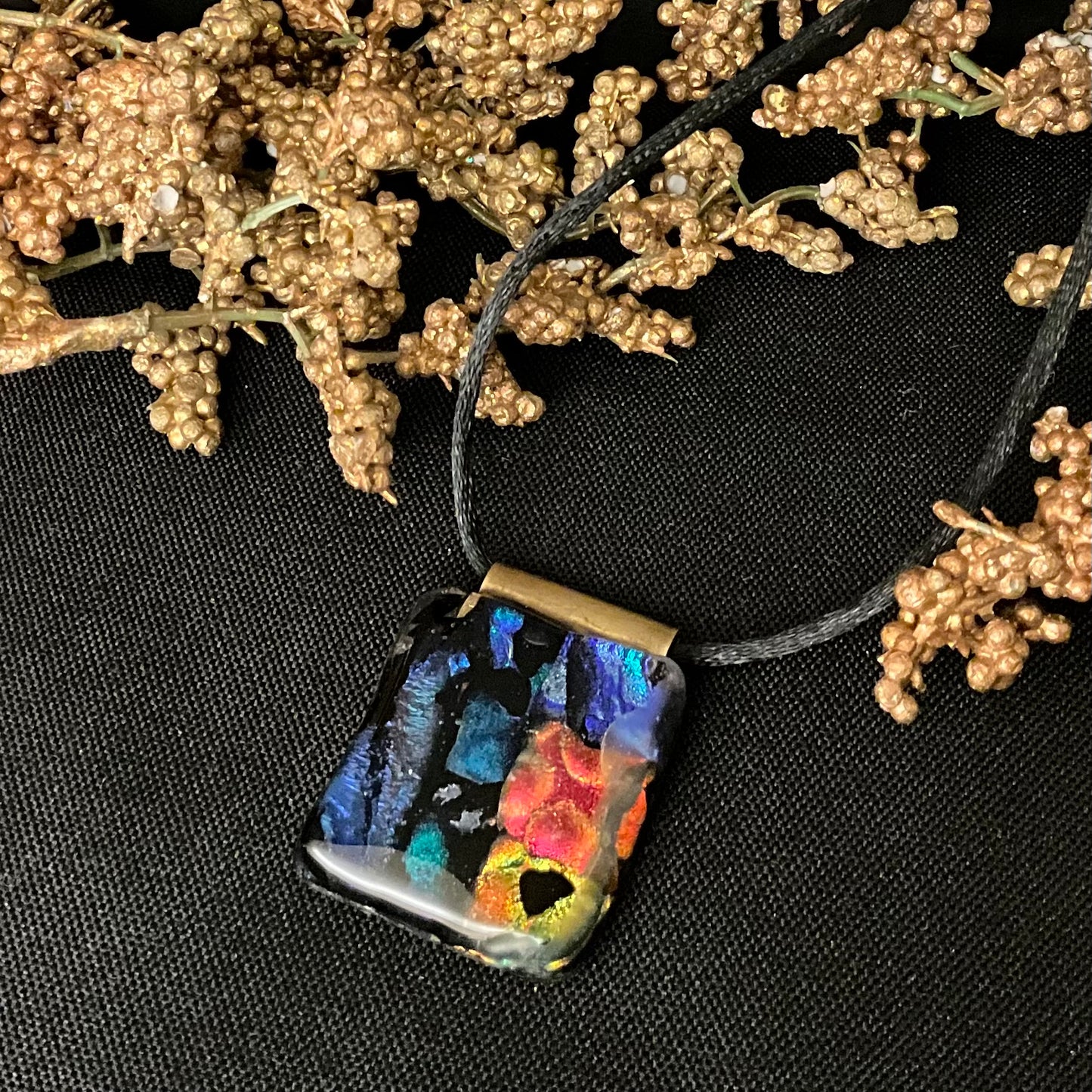 Square Fused Glass Pendant in Iridescent Blue, Red & Chameleon Green