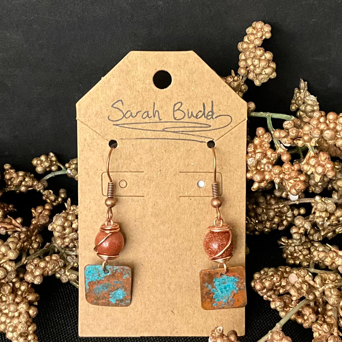 Copper Patina Earrings - Squares with Goldstone