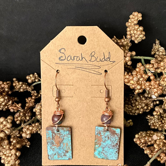 Copper Patina Earrings - Rectangles with Indian Agate