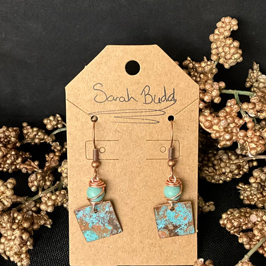 Copper Patina Earrings - Squares with blue Magnesite