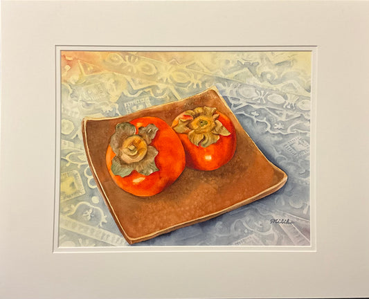 "Persimmons with Pottery", Original  Watercolor, Matted