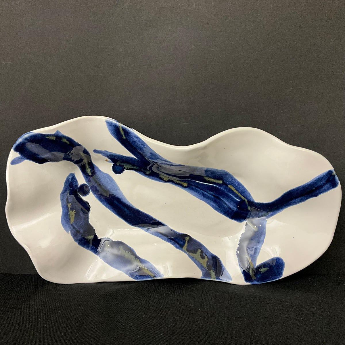 Medium White Freeform Dish with Dark Blue Abstract Linear Design