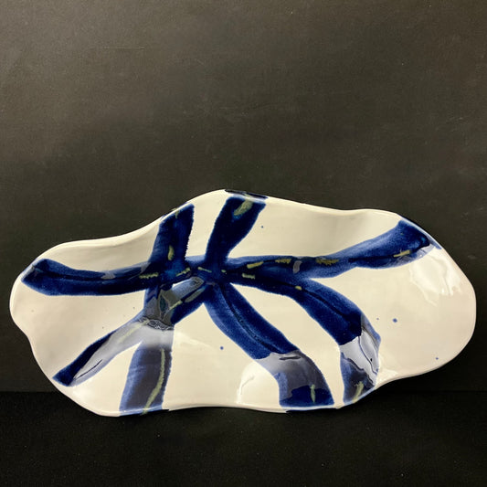 Small White Freeform Dish with Dark Blue Abstract Linear Design