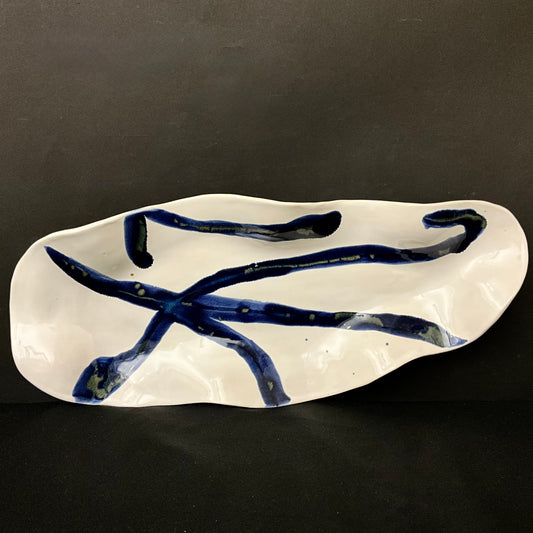 Large White Freeform Dish with Dark Blue Abstract Linear Design