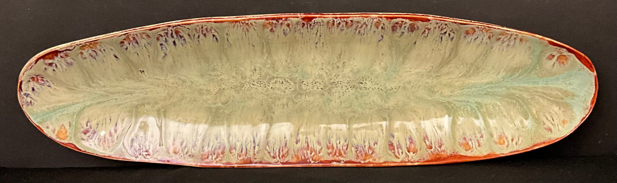 Long Narrow Oval Tray in Celadon with Brown