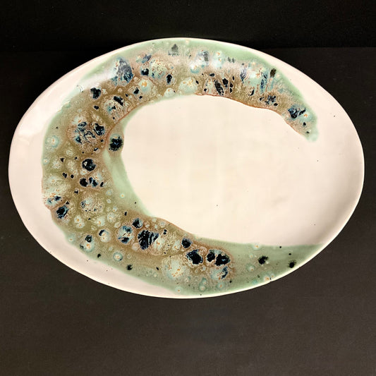Large Oval Platter with Celadon, Midnight Blue & Copper Abstract Design