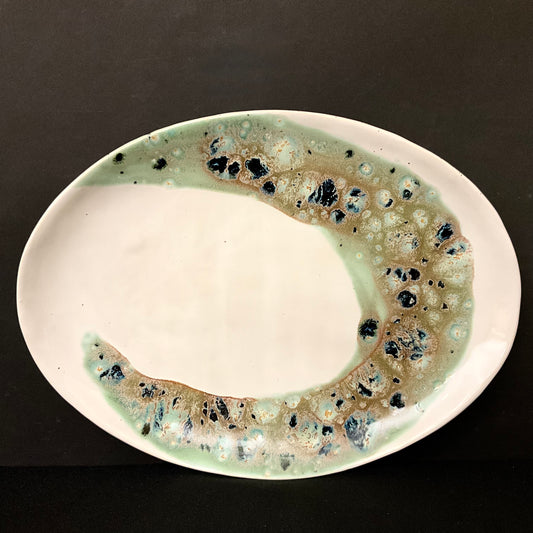 Large Oval Platter with Celadon, Midnight Blue & Copper Abstract Design